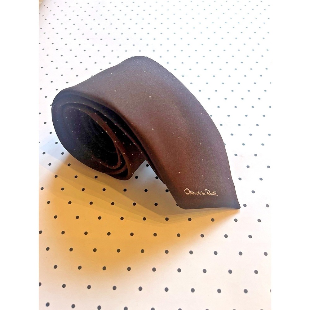 Oscar de la Renta 100% Silk Necktie Chocolate Brown Silver‎ Micro Dot Luxury Tie